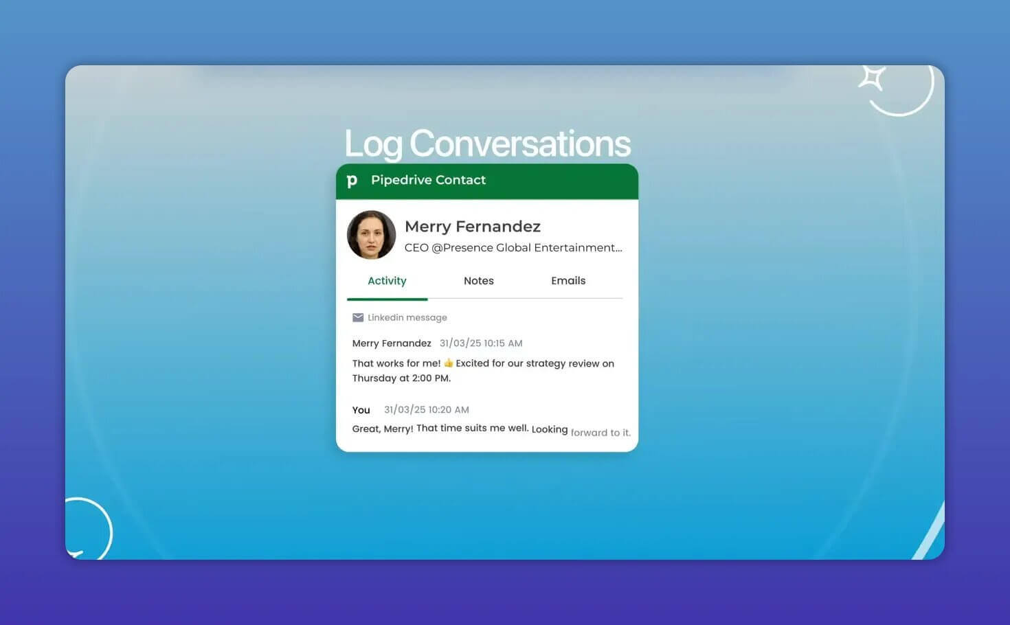 Pipedrive Kontaktkarte mit protokollierter LinkedIn‑Nachricht im Aktivitäts‑Tab