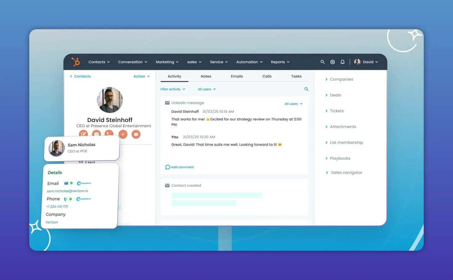 HubSpot‑Kontaktansicht mit eingebetteter LinkedIn‑Nachricht und synchronisierten Kontakt‑Popups