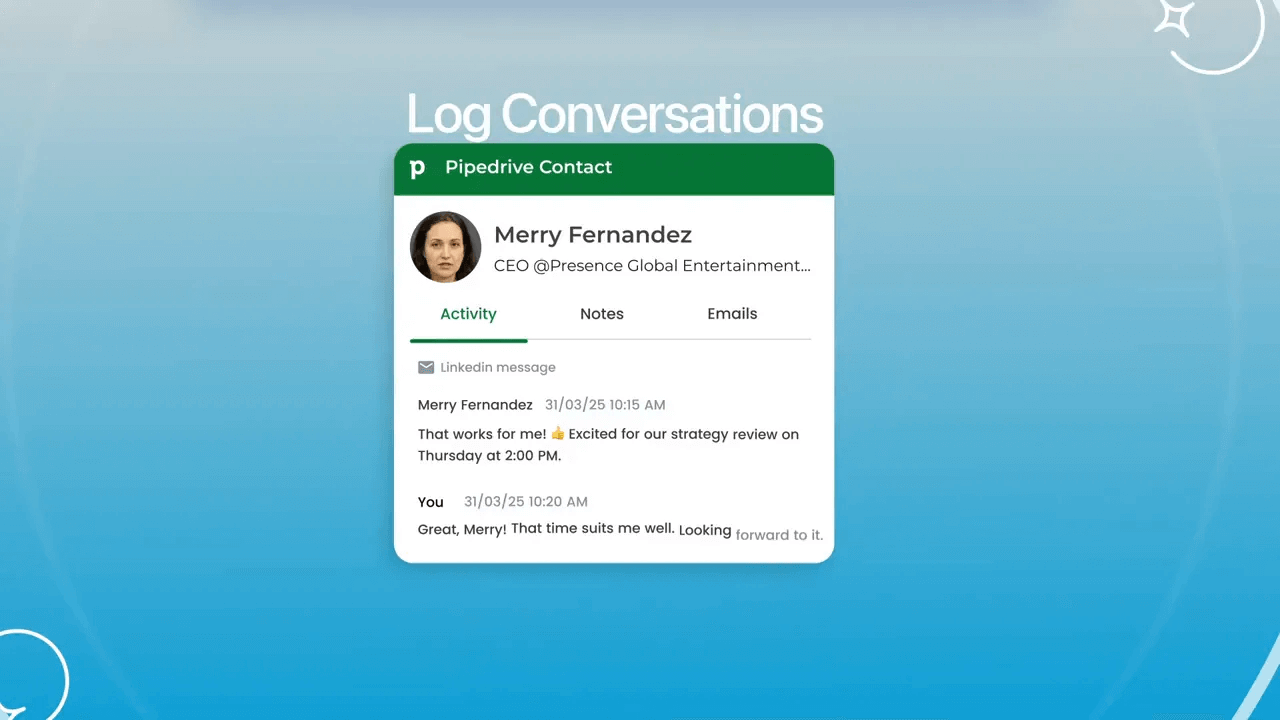 CRM‑Aktivitätskarte zeigt automatisch geloggte LinkedIn‑Nachricht in der CRM‑Timeline