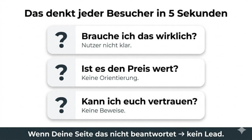 Infografik: Drei Kernfragen, die sich jeder Website-Besucher in 5 Sekunden stellt – Klarheit, Preis-Leistungs-Verhältnis und Vertrauen. UX-Agentur Köln für Conversion-Optimierung.