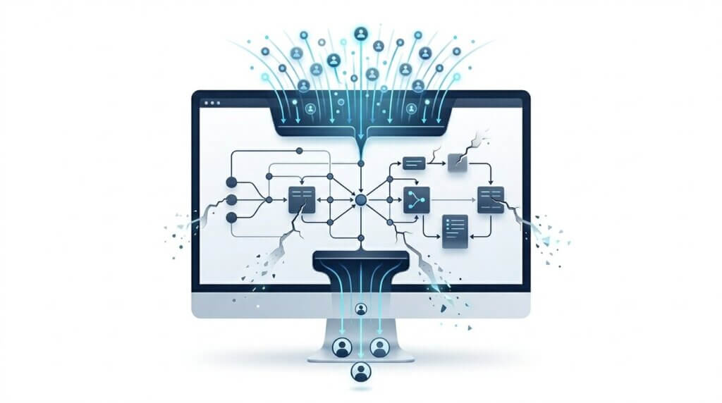 Eine moderne, hochwertige SaaS-Illustration im 3D/2.5D-Hybrid-Stil mit viel Weißraum. Zentrales Element ist ein großer Desktop-Bildschirm, der als abstraktes Marketing-Automations- und CRM-Funnel-System dargestellt ist. Oben strömt ein großer, geordneter Fluss von vielen leuchtenden, blauen Datenpunkten und abstrakten Kontakt-Icons effizient und skalierbar in das System. Das Innere des Systems ist ein elegantes Netzwerk aus blauen Nodes und modular verbundenen Systemblöcken, die einen stabilen, aber komplexen Datenfluss visualisieren. An mehreren Stellen im mittleren Systembereich entweichen unbemerkt einzelne Datenpartikel durch subtile, fast unsichtbare Risse und lösen sich im Raum auf, was einen stillen, unbemerkten Datenverlust darstellt. Unten aus dem System kommen deutlich weniger definierte, klare Kunden-Icons heraus, wodurch ein sichtbarer Unterschied zwischen dem hohen Input oben und dem geringeren Output unten entsteht. Die Farbwelt ist kühl, mit hellgrauem Hintergrund, dunkelblauen Systemstrukturen, leuchtend cyanblauen Datenströmen und entsättigten grauen Leckstellen. Das Design ist sehr clean, technisch und strukturiert, ohne Texte oder Labels.