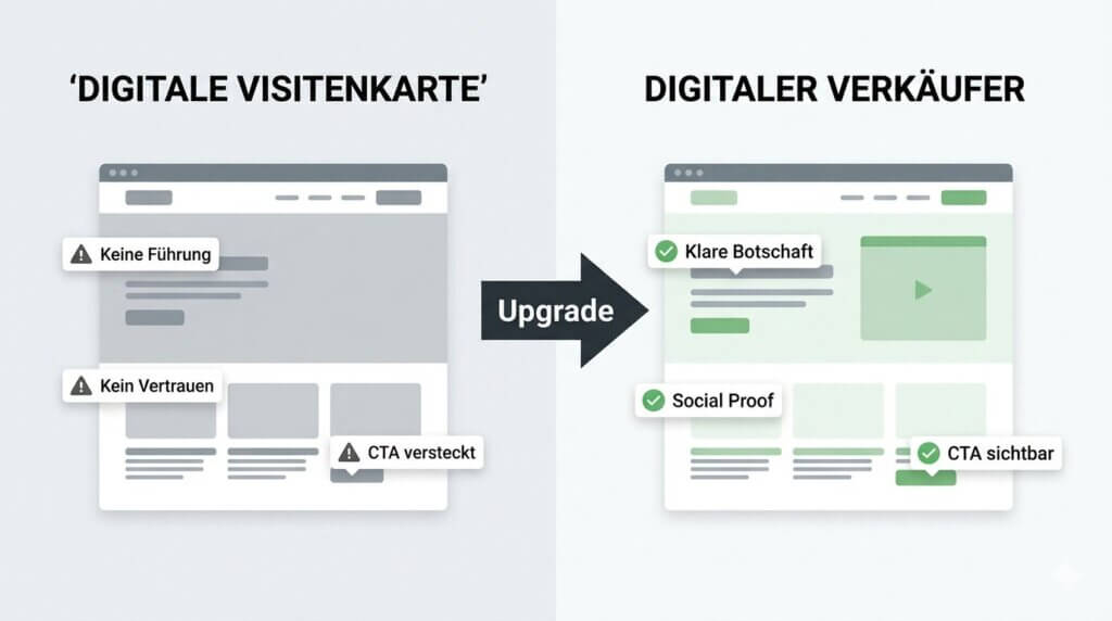 Website-Vergleich Köln: Infografik Upgrade von digitaler Visitenkarte zu digitalem Verkäufer mit Social Proof und klarem CTA für mehr Conversions.