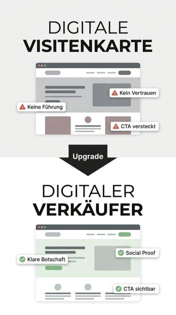 Website-Vergleich Köln: Infografik Upgrade von digitaler Visitenkarte zu digitalem Verkäufer mit Social Proof und klarem CTA für mehr Conversions.