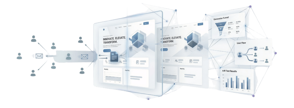 Isometrische Illustration der Benutzeroberfläche einer modernen SaaS-Marketing-Plattform zur Performance-Analyse. Visualisierung des Lead-Nurturing-Prozesses: E-Mail-Icons, die von User-Profilen zu einer Landingpage führen. Rechts Dashboards für Conversion Funnel, User Flow Diagramme und A/B-Test Ergebnisse. Klares, professionelles UX-Design mit Datenvisualisierung in Blau und Lila auf weißem Hintergrund.