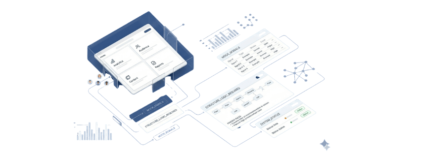 System-Architektur-Diagramm für Marketing-Automatisierung auf weißem Hintergrund: Prozess-Mapping von User-Flows, Daten-Analytics und Logik-Strukturen in modernem SaaS-UI-Design.